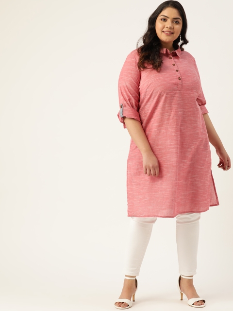 

Sztori Women Plus Size Red Woven Design Pure Cotton Pathani Kurta