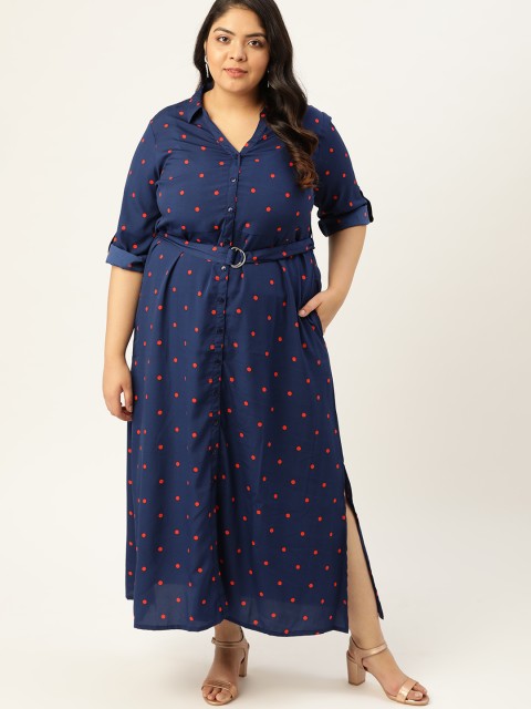 

Sztori Women Plus Size Blue Polka Dots Print Shirt Maxi Dress with Belt