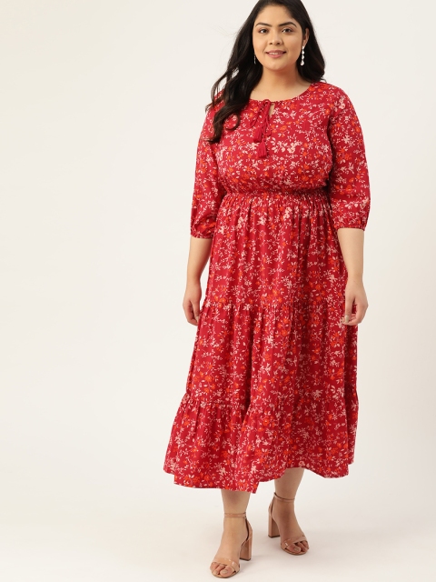 

Sztori Plus Size Women Red & Beige Floral Printed A-Line Dress