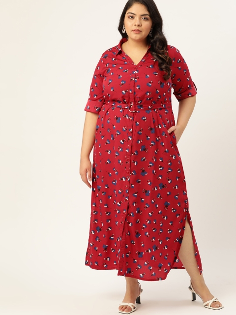 

Sztori Women Plus Size Red & Blue Floral Print Shirt Maxi Dress with Belt