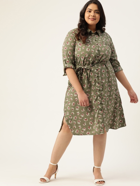 

Sztori Women Plus Size Olive Green & White Floral Printed Shirt Dress with Belt
