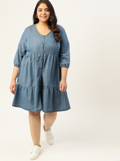 

Sztori Plus Size Blue Pure Cotton A-Line Chambray Dress