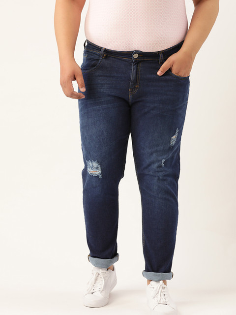 

Sztori Plus Size Men Navy Blue Regular Fit Mid-Rise Low Distress Jeans