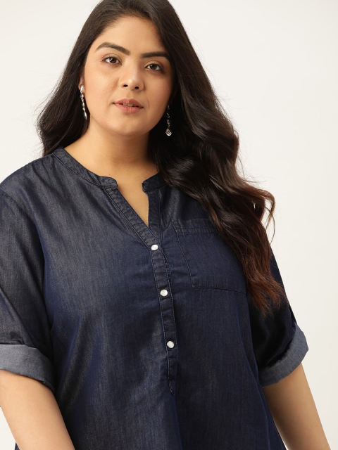 

Sztori Plus Size Navy Blue Solid Pure Cotton Mandarin Collar Regular Top