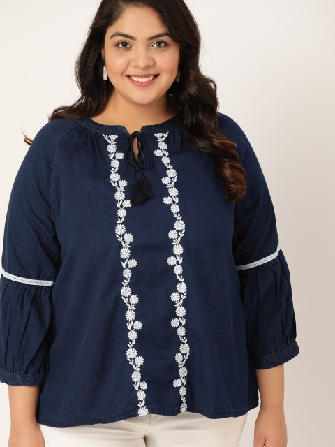 

Sztori Plus Size Navy Blue Tie-Up Neck Puff Sleeve Chambray Regular Top