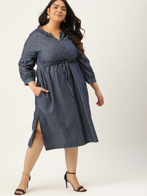 

Sztori Plus Size Navy Blue Pure Cotton A-Line Midi Chambray Dress