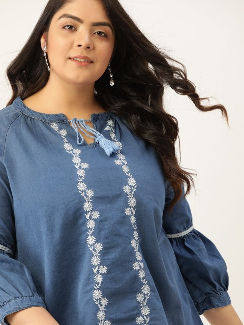 

Sztori Plus Size Blue & White Pure Cotton Floral Embroidered Chambray Regular Top