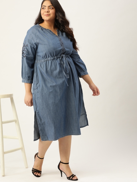 

Sztori Plus Size Blue Solid Chambray Midi A-Line Dress
