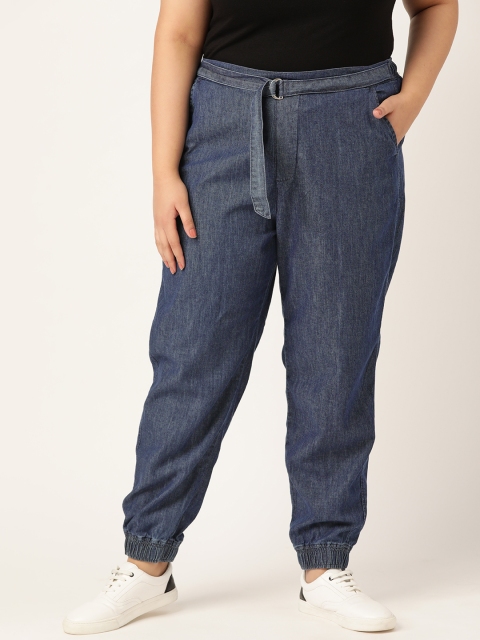 

Sztori Plus Size Women Blue Chambray Belted Joggers Trousers