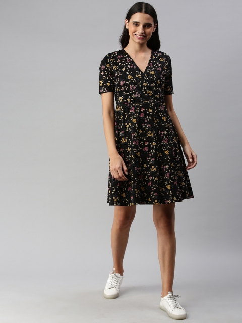 

HERE&NOW Black & Yellow Floral Printed Wrap Dress