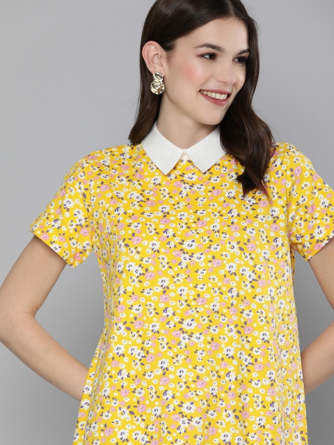 

HERE&NOW Women Yellow Printed Peter Pan Collar Pure Cotton A-Line Dress