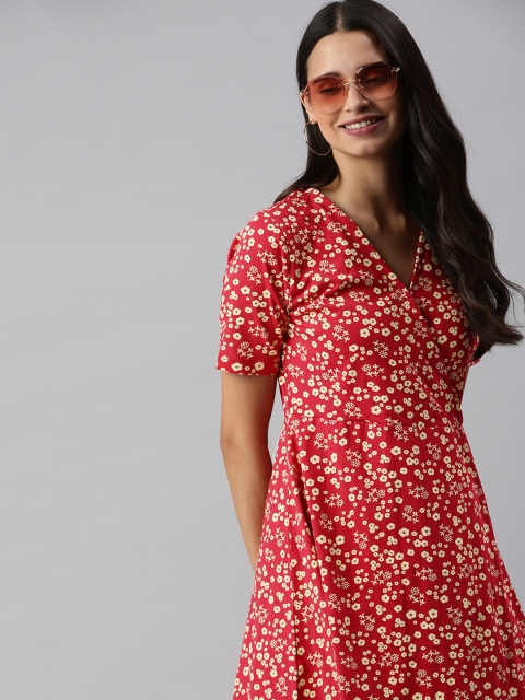 

HERE&NOW Red & Off-White Floral Printed Wrap Dress
