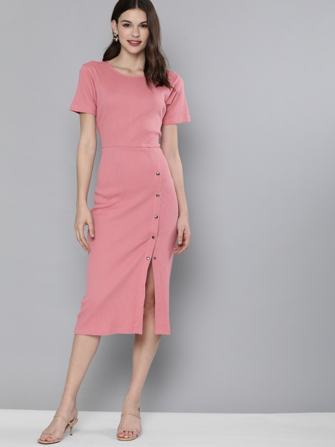 

HERE&NOW Women Pink Self-Striped Sheath Dress