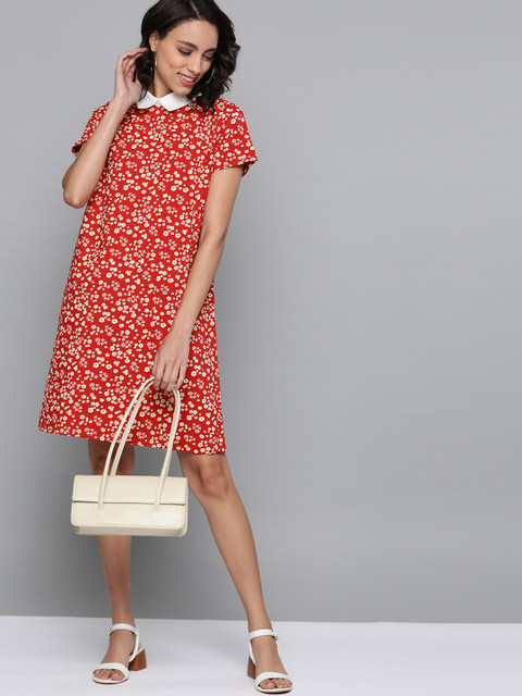 

HERE&NOW Women Red & Off-White Pure Cotton Floral Print T-shirt Dress