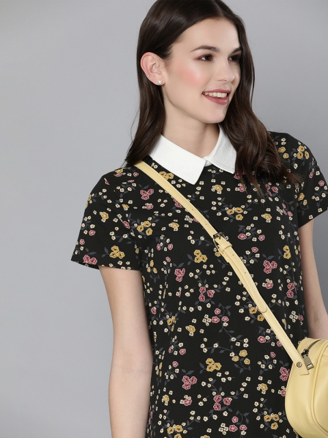 

HERE&NOW Women Black Printed Peter Pan Collar Pure Cotton A-Line Dress