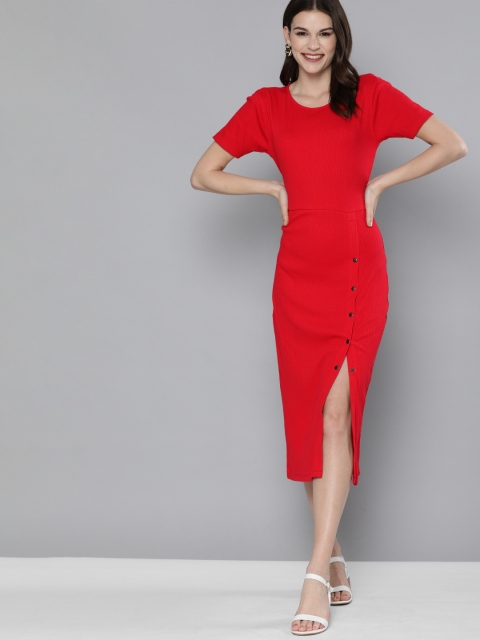 

HERE&NOW Women Red Self-Striped Sheath Dress