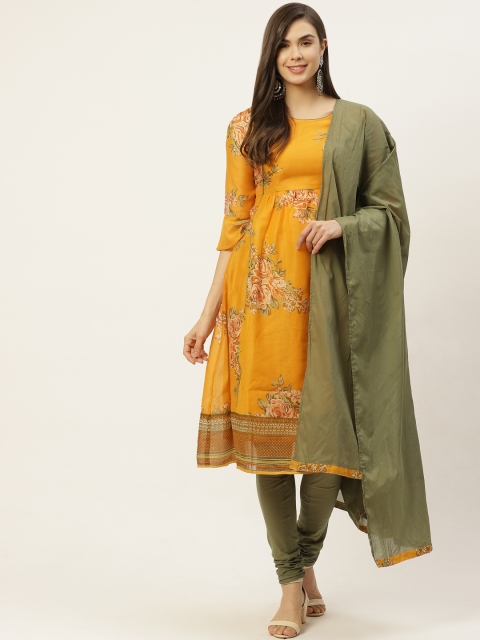 

all about you Women Mustard Floral Printed Panelled Kurta with Churidar & With Dupatta
