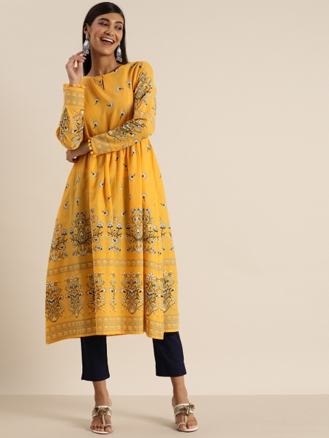 

all about you Women Yellow & Black Floral Printed Keyhole Neck Floral Kurta