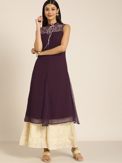 

All About You Women Aubergine & Peach-coloured Yoke Design Dobby Weave A-Line Kurta, Purple