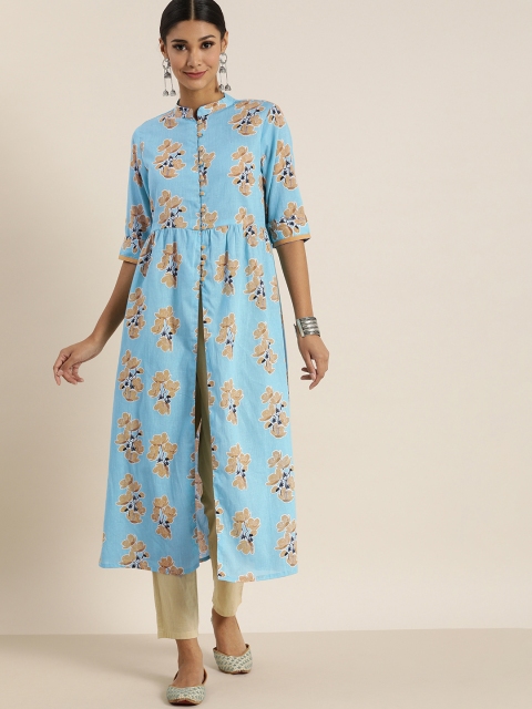 

all about you Women Blue Floral Printed Floral Pure Cotton Kurta