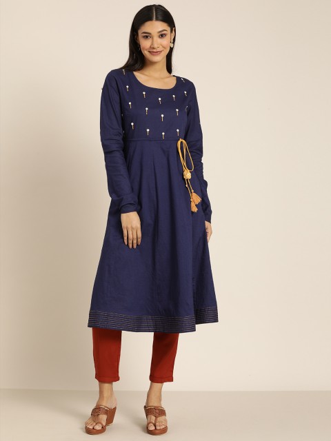 

All About You Women Navy Blue Ethnic Motifs Yoke Design Thread Work Kurta