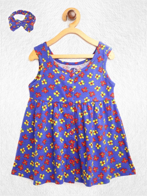 

YK Infant Girls Blue & Red Cotton Ditsy Floral Printed Fit & Flare Dress with Hairband