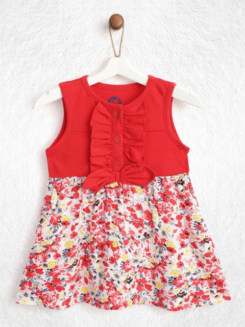 

YK Infant Girls Red & White Floral Print Ruffled A-Line Dress