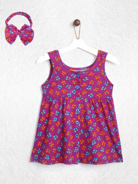 

YK Girls Infant Purple & Orange Pure Cotton Floral Print A-Line Dress with Hair Band