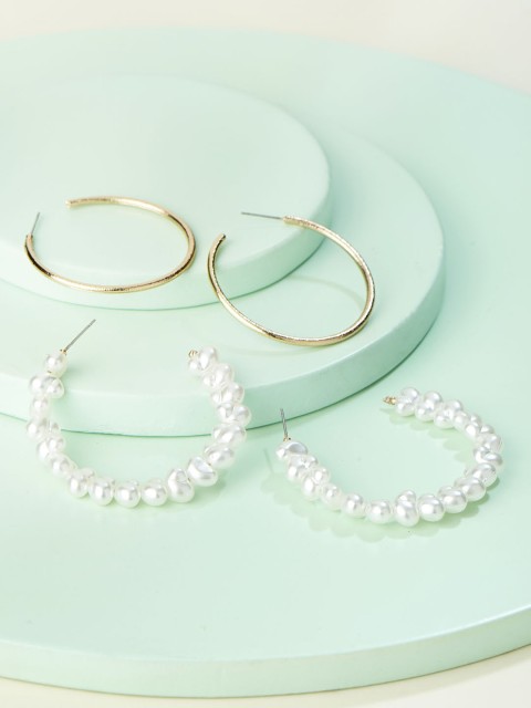 

Runway Ritual Off-White & Gold-Plated Set Of 2 Geometric Half Hoop Earrings