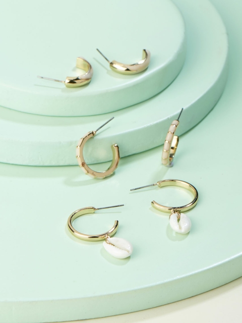 

Runway Ritual Off-White & Gold-Plated Set Of 3 Geometric Half Hoop Earrings
