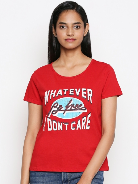 

Honey by Pantaloons Women Red Printed Round Neck Pure Cotton T-shirt