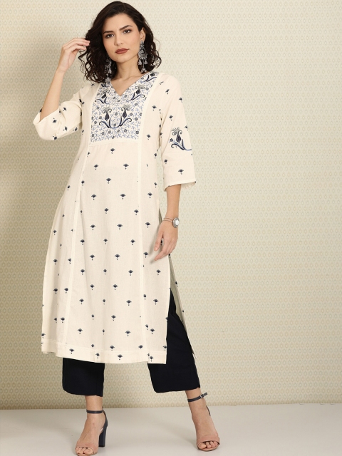 

House Of Pataudi Women Off White & Blue Floral Printed Kurta