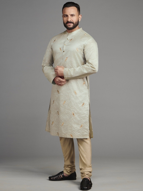 

House of Pataudi Men Grey & Golden Printed Thread Work Kurta