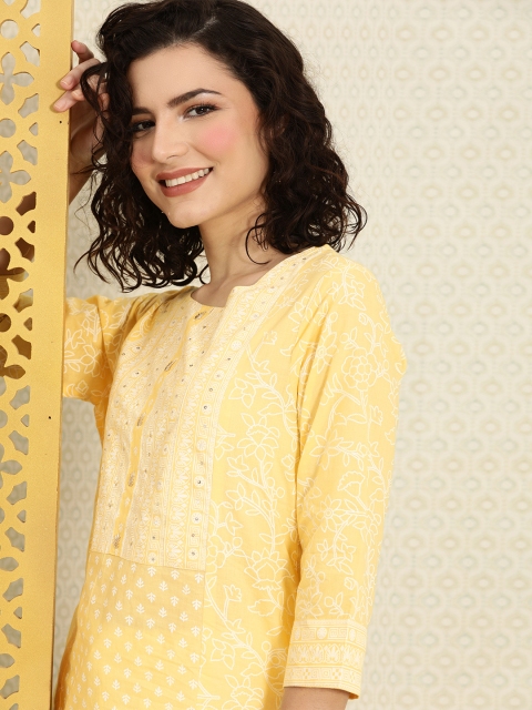 

House Of Pataudi Women Yellow & White Floral Printed Sequins Kurta