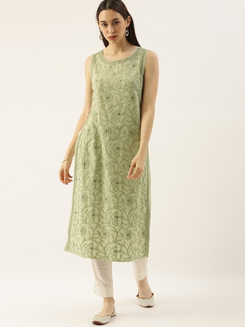 

House of Pataudi Women Green Authentic Hand Embroidered Chikankari High-Slit Kurta