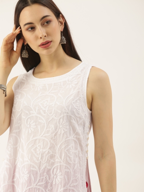 

House of Pataudi Women White Authentic Hand Embroidered Chikankari High-Slit Kurta