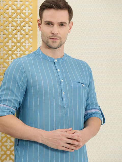 

House of Pataudi Men Blue & White Striped Pure Cotton Kurta
