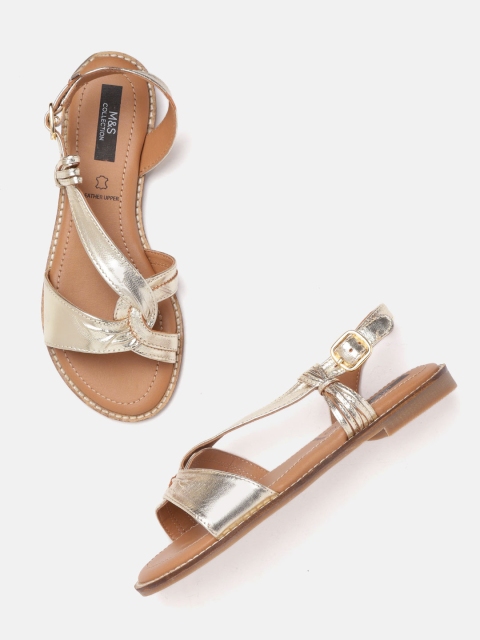 

Marks & Spencer Women Gold-Toned Solid Leather Open Toe Flats