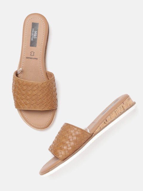 

Marks & Spencer Women Tan Brown Basketweave Textured Leather Open Toe Flats