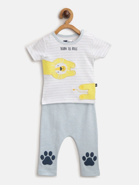 

Moms Love Infant Boys Pure Cotton Off-White & Blue Striped T-shirt with Pyjamas