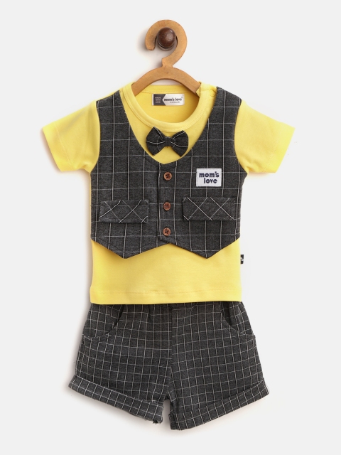 

Moms Love Infant Boys Yellow & Charcoal Grey Pure Cotton Checked T-shirt with Shorts