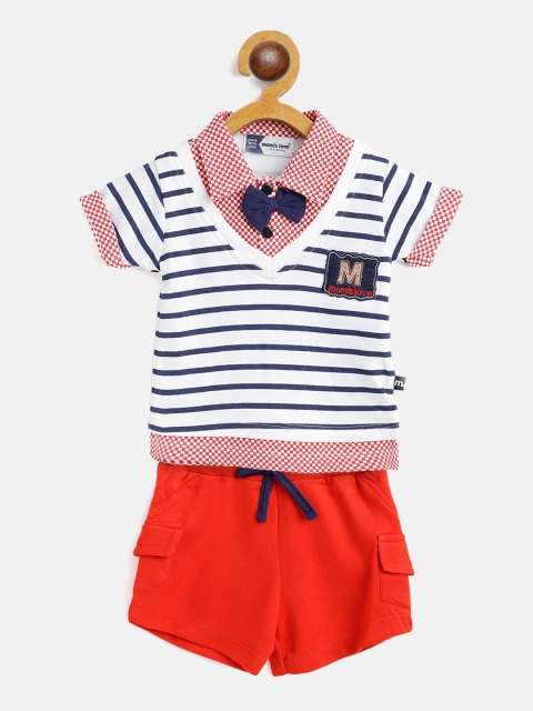 

Moms Love Boys White & Navy Blue Pure Cotton Striped T-shirt with Shorts