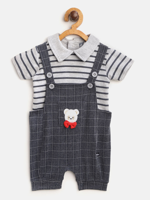 

Moms Love Infant Boys Grey Melange & Navy Blue Pure Cotton Striped T-shirt with Dungarees