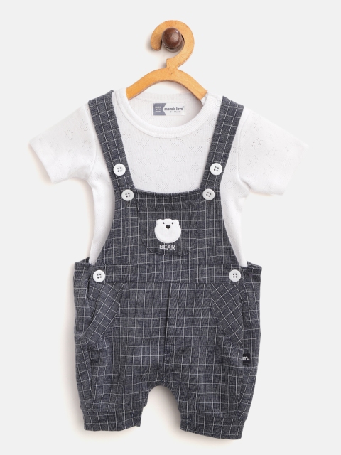 

Moms Love Infant Boys White & Navy Blue Pure Cotton Self Design T-shirt with Dungarees