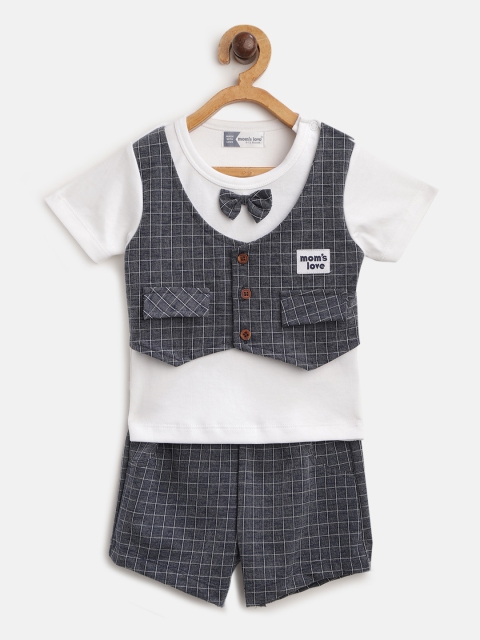 

Moms Love Infant Boys White & Navy Blue Pure Cotton Checked T-shirt with Shorts