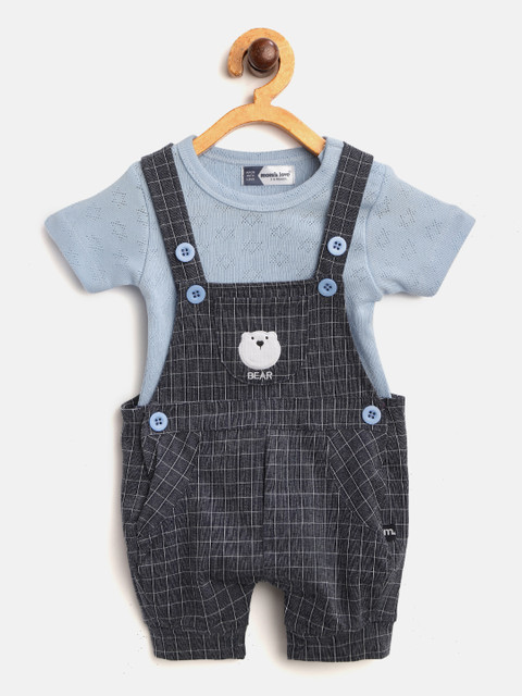 

Moms Love Infant Boys Navy Blue Pure Cotton Self Design T-shirt with Checked Dungarees