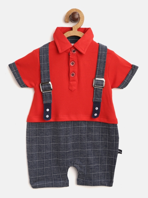 

Moms Love Infant Boys Red & Navy Pure Cotton Checked Rompers with Suspender Detail