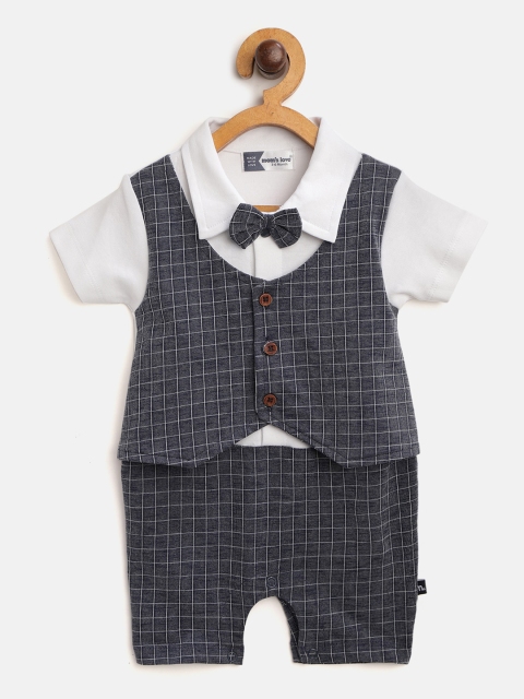 

Moms Love Infant Boys Navy & White Cotton Checked Rompers with Attached Waistcoat Detail, Navy blue