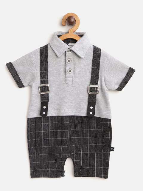 

Moms Love Infant Boys Grey Melange & Black Cotton Checked Rompers with Suspender Detail