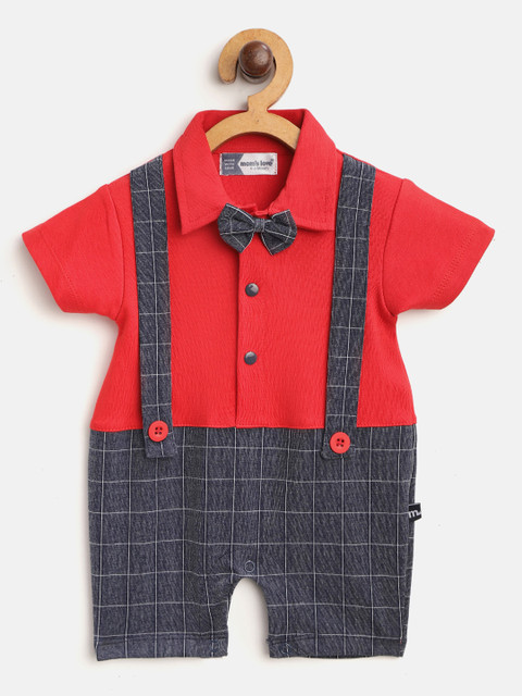 

Moms Love Infant Boys Red & Navy Pure Cotton Checked Rompers with Suspender Detail